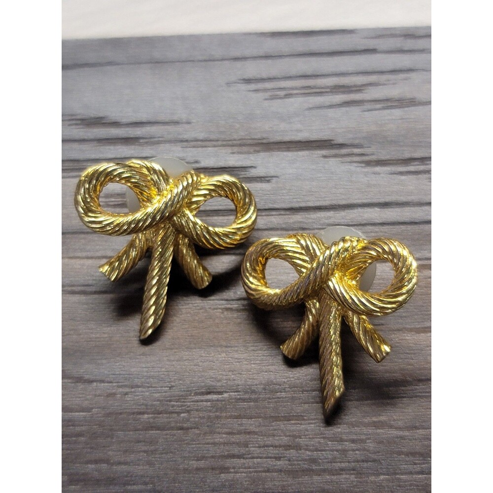 Vintage Gold Tone Holiday Knotted Bow Stud Earrings